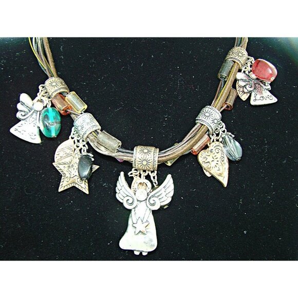 Beaded Silver Copper Rhinestone Leather Rope Necklace Angel Stars Hearts 9" - Picture 2 of 8